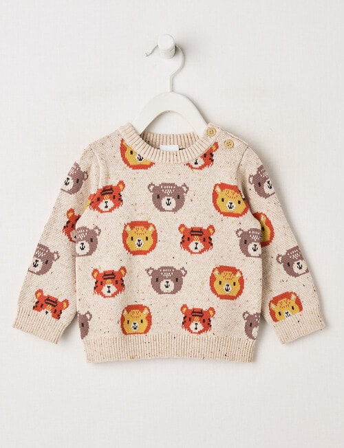 Teeny Weeny Faces Crew Neck Knit Jumper, Oat Marle product photo