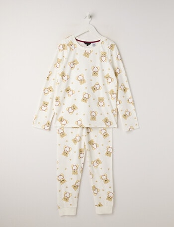 Sleep Squad Love Heart Bear Knit Long PJ Set, Vanilla, 8-16 product photo
