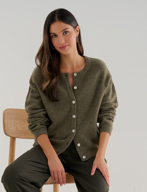 Whistle Drop Shoulder Cardigan, Khaki - Knitwear