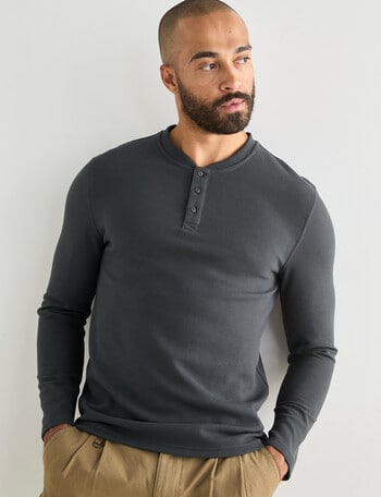 Gasoline Waffle Henley Long Sleeve Tee, Vintage Black product photo