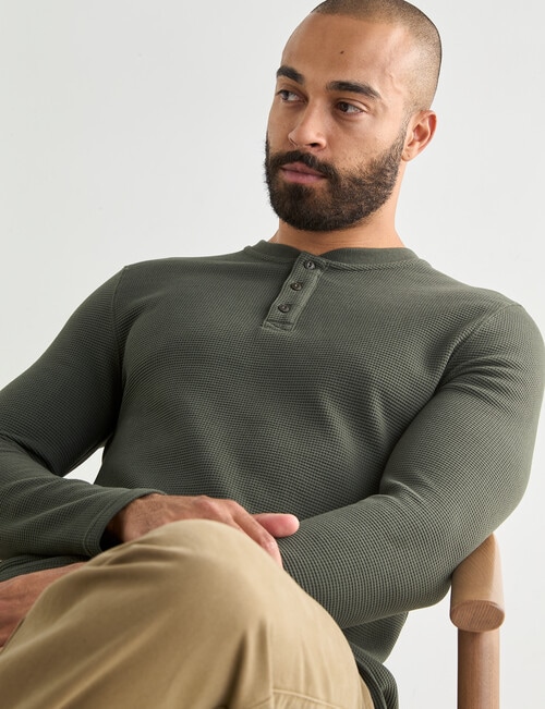 Gasoline Waffle Henley Long Sleeve Tee, Dark Khaki - T-shirts