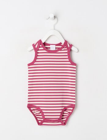 Teeny Weeny Play Time Stretch Cotton Sleeveless Yarn-Dyed Bodysuit, Raspberry & Cream product photo
