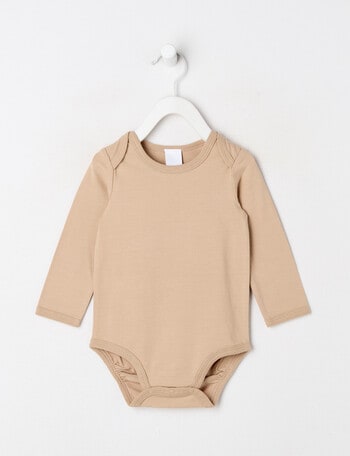 Teeny Weeny Play Time Stretch Cotton Long-Sleeve Bodysuit, Blonde Wood product photo
