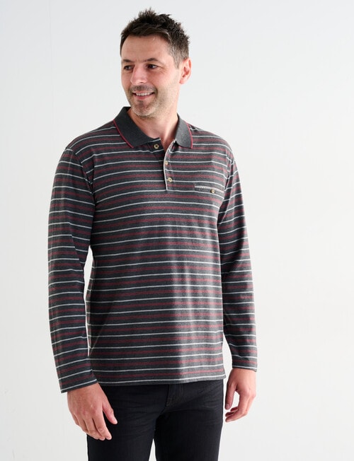 Chisel Yarn Dyed Stripe Long Sleeve Polo Shirt, Charcoal Marle product photo