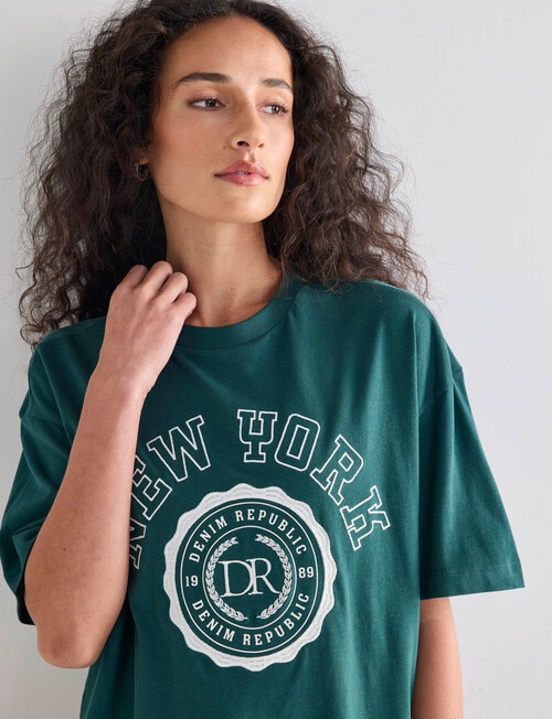 Denim Republic Boxy Embroidered Tee, Green product photo View 04 L
