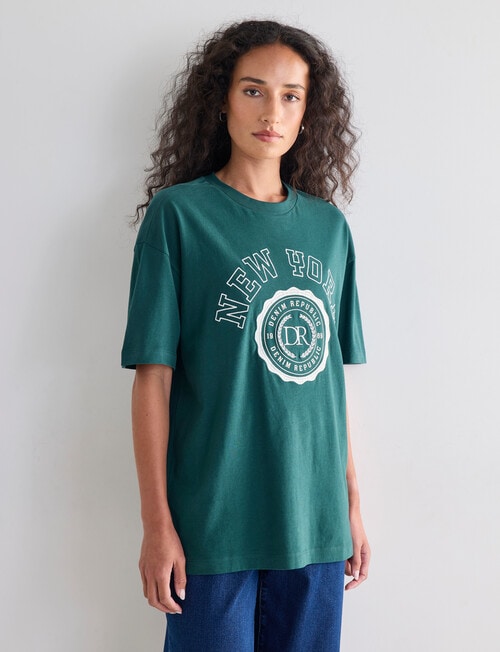 Denim Republic Boxy Embroidered Tee, Green product photo