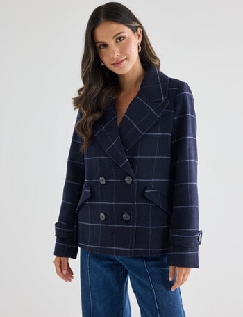 Whistle Check Pea Coat, Navy product photo