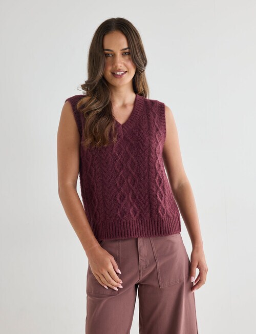 Zest Cable Knit Vest, Wine - Knitwear