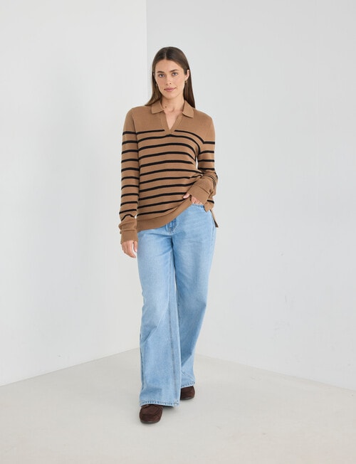 Zest Ribbed Collared Sweater, Taupe Stripe product photo View 03 L