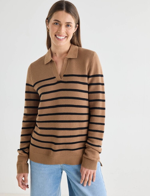 Zest Ribbed Collared Sweater, Taupe Stripe product photo View 05 L