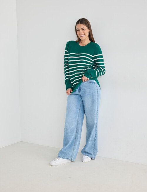 Zest Ribbed Curved Hem Sweater, Green Stripe product photo View 03 L