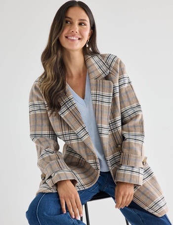 Whistle Check Mid Length Pea Coat, Taupe product photo