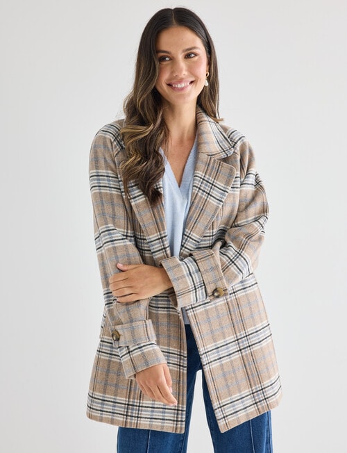 Whistle Check Mid Length Pea Coat, Taupe product photo View 06 L