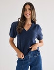 Whistle Knit Short Sleeve V Neck Top, Navy Marle product photo