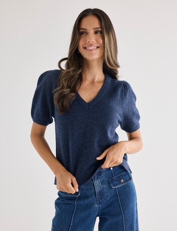 Whistle Knit Short Sleeve V Neck Top, Navy Marle product photo
