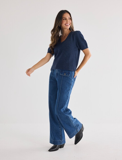 Whistle Knit Short Sleeve V Neck Top, Navy Marle product photo View 03 L