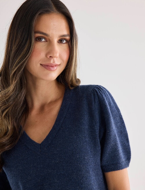 Whistle Knit Short Sleeve V Neck Top, Navy Marle product photo View 05 L