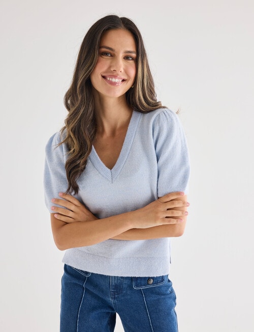 Whistle Knit Short Sleeve V Neck Top, Powder Blue product photo View 04 L