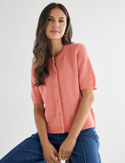 Whistle Knit Short Sleeve Crew Neck Cardi, Coral product photo