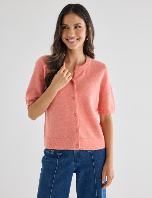 Whistle Knit Short Sleeve Crew Neck Cardi, Coral product photo View 04 L