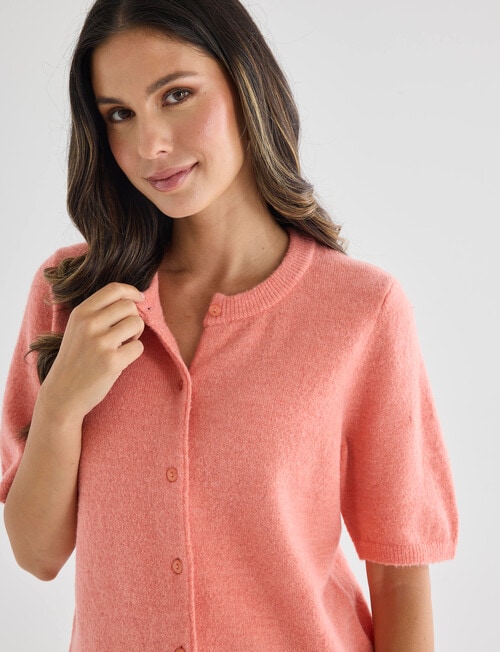 Whistle Knit Short Sleeve Crew Neck Cardi, Coral product photo View 05 L