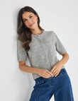 Whistle Knit Short Sleeve Crew Neck Cardi, Grey Marle product photo