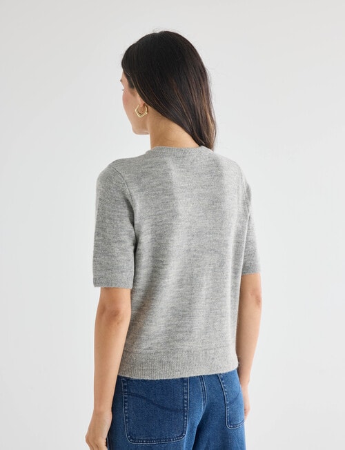 Whistle Knit Short Sleeve Crew Neck Cardi, Grey Marle product photo View 02 L