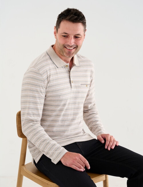 Chisel Yarn Dyed Stripe Long Sleeve Polo Shirt, Oat Marle product photo