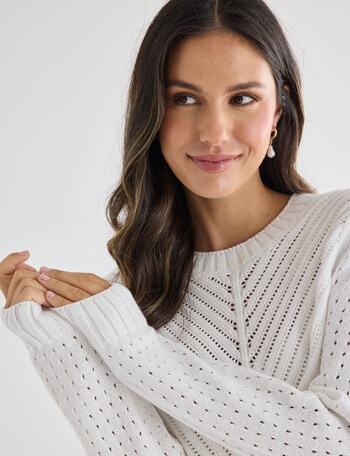 Whistle Knit Long Sleeve Cotton Pointelle Crew, White product photo