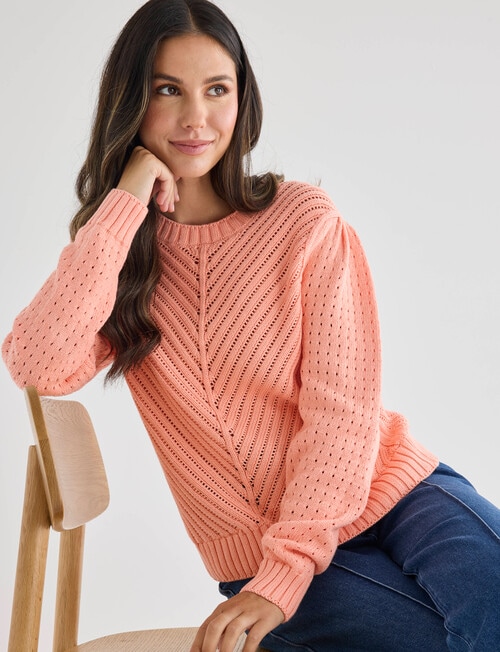 Whistle Knit Long Sleeve Cotton Pointelle Crew, Peach Pie product photo
