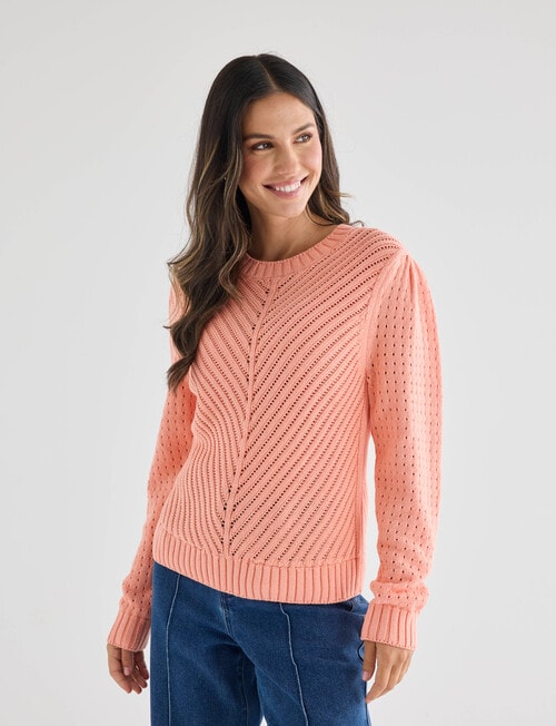 Whistle Knit Long Sleeve Cotton Pointelle Crew, Peach Pie product photo View 05 L