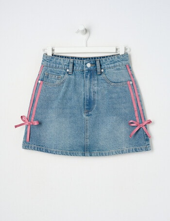 Switch Tape Bows Denim Mini Skirt, Vintage Blue product photo