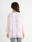 Ella J 3/4 Sleeve Button Detail Top, Pink Sketch Print product photo View 02 S