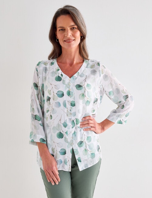 Ella J 3/4 Sleeve Button Detail Top, Sage Leaf Print product photo