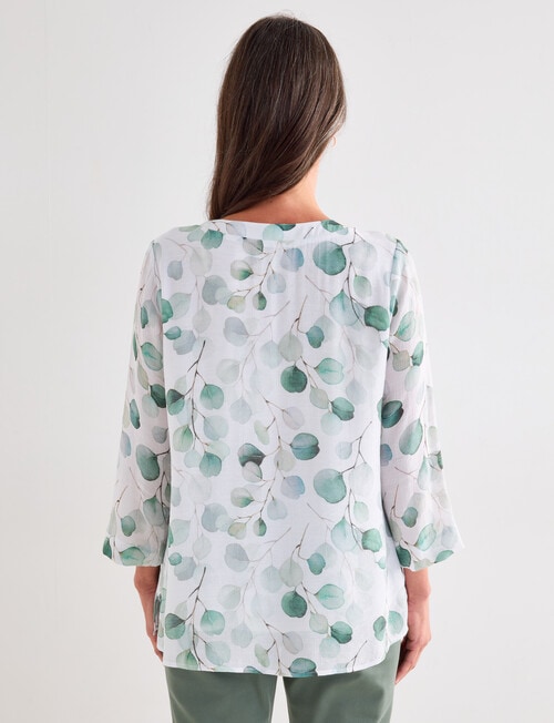 Ella J 3/4 Sleeve Button Detail Top, Sage Leaf Print product photo View 02 L