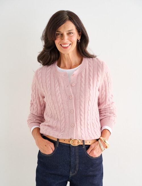 Ella J Classic Cable Cardigan, Pale Pink product photo