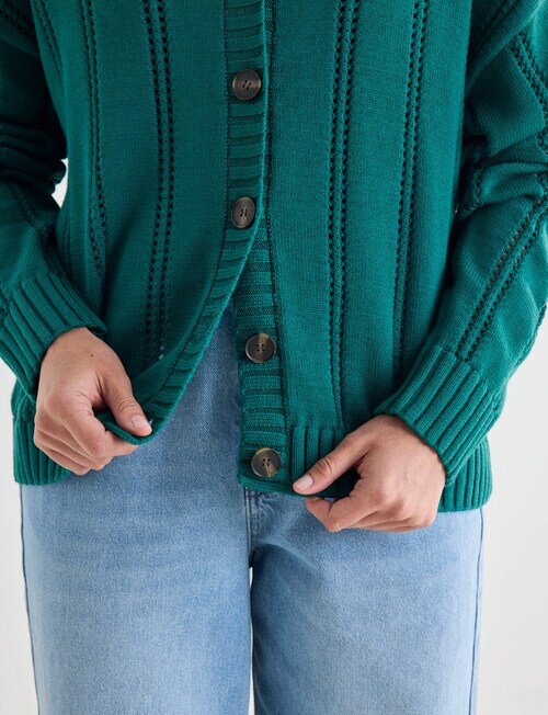 Zest Cotton Pointelle Cardigan, Evergreen - Knitwear