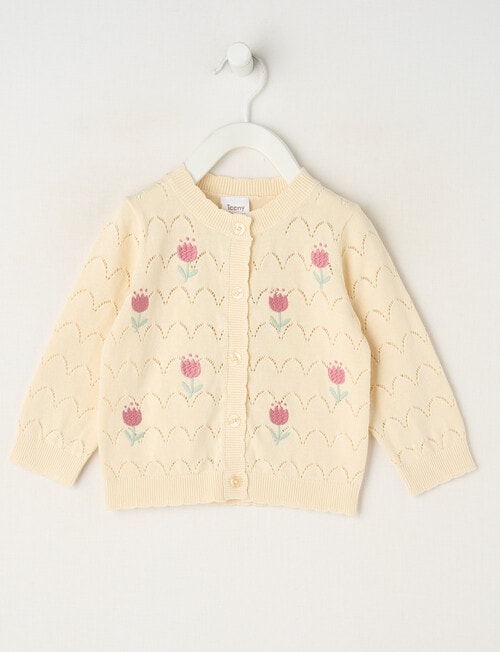 Teeny Weeny Swan Song Crew Knit Pointelle Floral Cardigan, Cream product photo