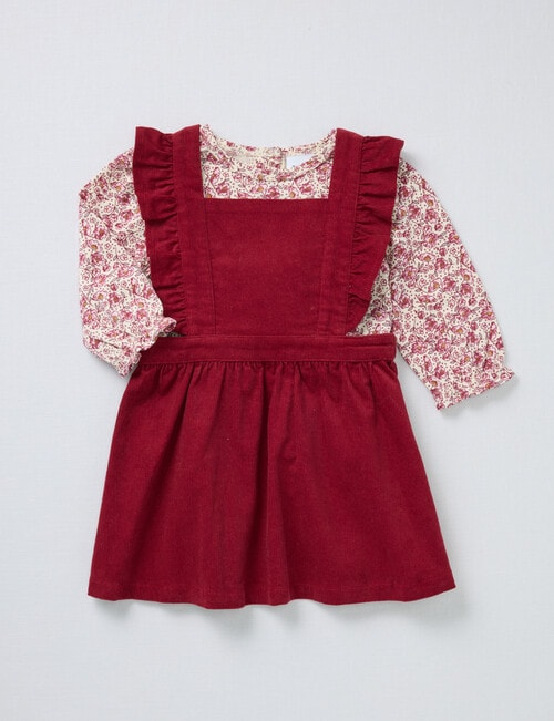 Teeny Weeny Swan Song Cord Pinny & Long-Sleeve Floral Tee Set, 2-Piece, Red & Pink product photo