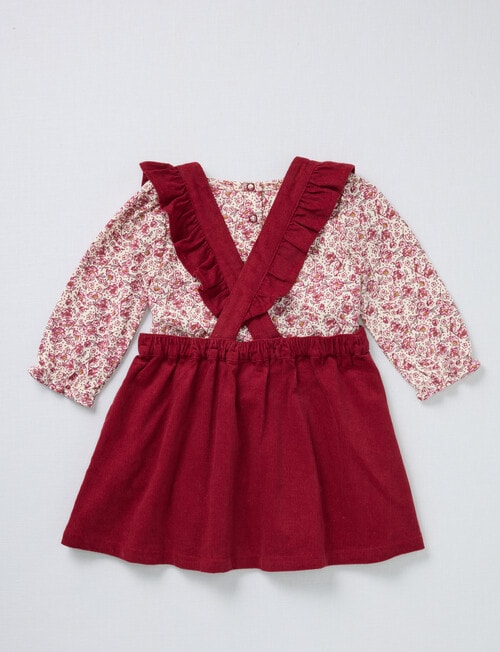 Teeny Weeny Swan Song Cord Pinny & Long-Sleeve Floral Tee Set, 2-Piece, Red & Pink product photo View 02 L