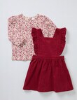 Teeny Weeny Swan Song Cord Pinny & Long-Sleeve Floral Tee Set, 2-Piece, Red & Pink product photo View 03 S