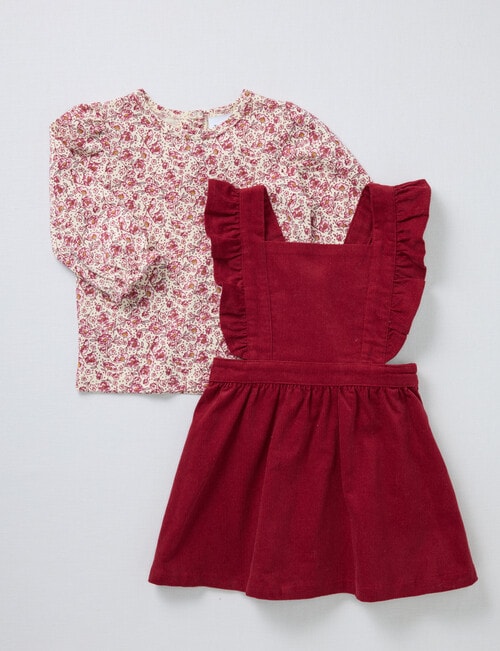 Teeny Weeny Swan Song Cord Pinny & Long-Sleeve Floral Tee Set, 2-Piece, Red & Pink product photo View 03 L
