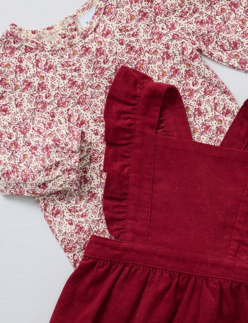 Teeny Weeny Swan Song Cord Pinny & Long-Sleeve Floral Tee Set, 2-Piece, Red & Pink product photo View 04 L