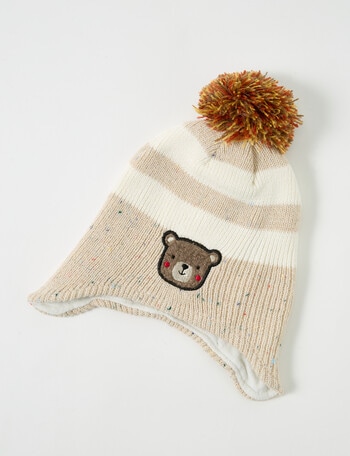Teeny Weeny Knit Pompom Stripe Bear Beanie, Oat Fleck product photo