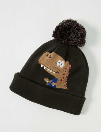 Teeny Weeny Knit Pompom Dino Beanie, Forrest Green product photo