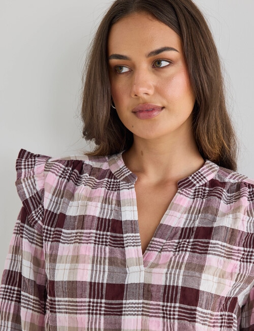 Zest V Neck Long Sleeved Blouse, Pink Check product photo