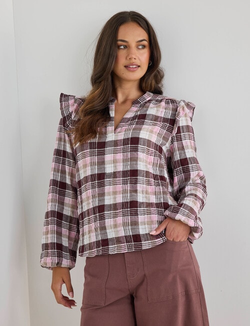 Zest V Neck Long Sleeved Blouse, Pink Check product photo View 04 L
