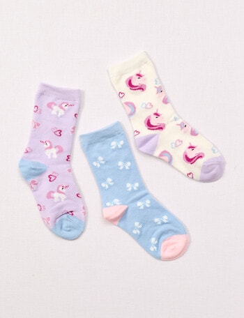 Simon De Winter Unicorn & Bows Crew Socks, 3-Pack, Multicoloured product photo