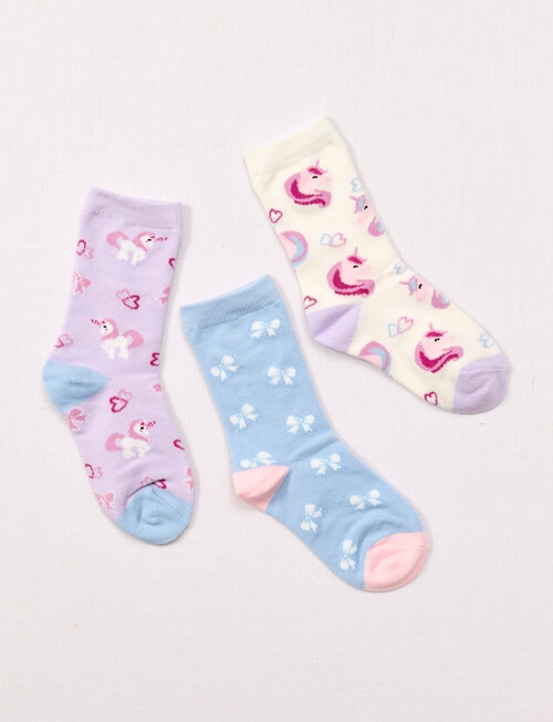 Simon De Winter Unicorn & Bows Crew Socks, 3-Pack, Multicoloured product photo