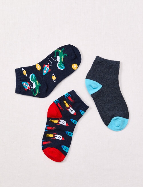 Simon De Winter Dino Quarter Crew Sock, 3-Pack, Blue product photo